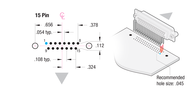 90° Printed Circuit Board 15-Pin Contact Hole Pattern 90° Printed Circuit Board 15-Pin Contact Hole Pattern