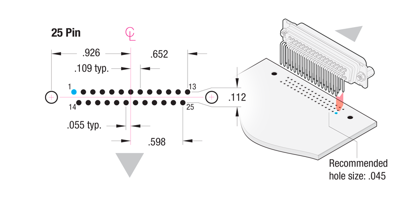 90° Printed Circuit Board 25-Pin Contact Hole Pattern 90° Printed Circuit Board 25-Pin Contact Hole Pattern