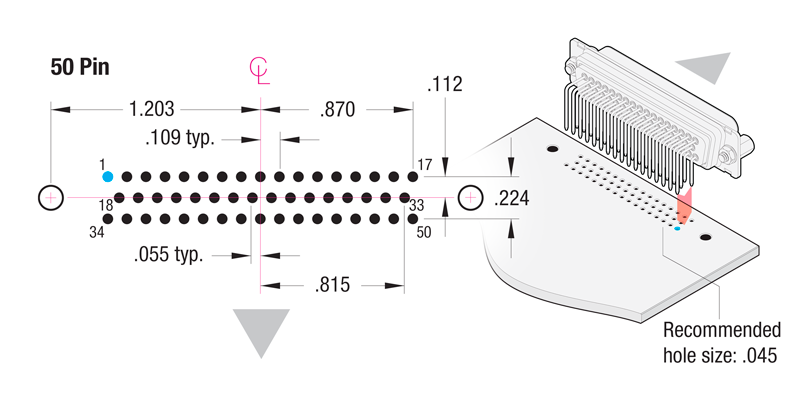 90° Printed Circuit Board 50-Pin Contact Hole Pattern 90° Printed Circuit Board 50-Pin Contact Hole Pattern