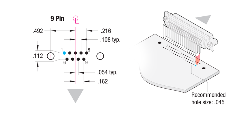 90° Printed Circuit Board 9-Pin Contact Hole Pattern 90° Printed Circuit Board 9-Pin Contact Hole Pattern